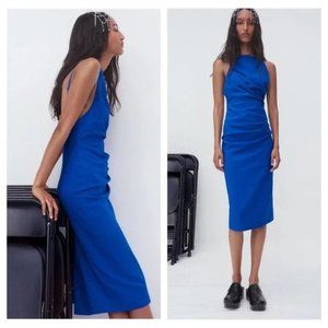 NWT Zara Linen Square Neck Strappy Draped Slip Midi Dress Cobalt Blue | Small